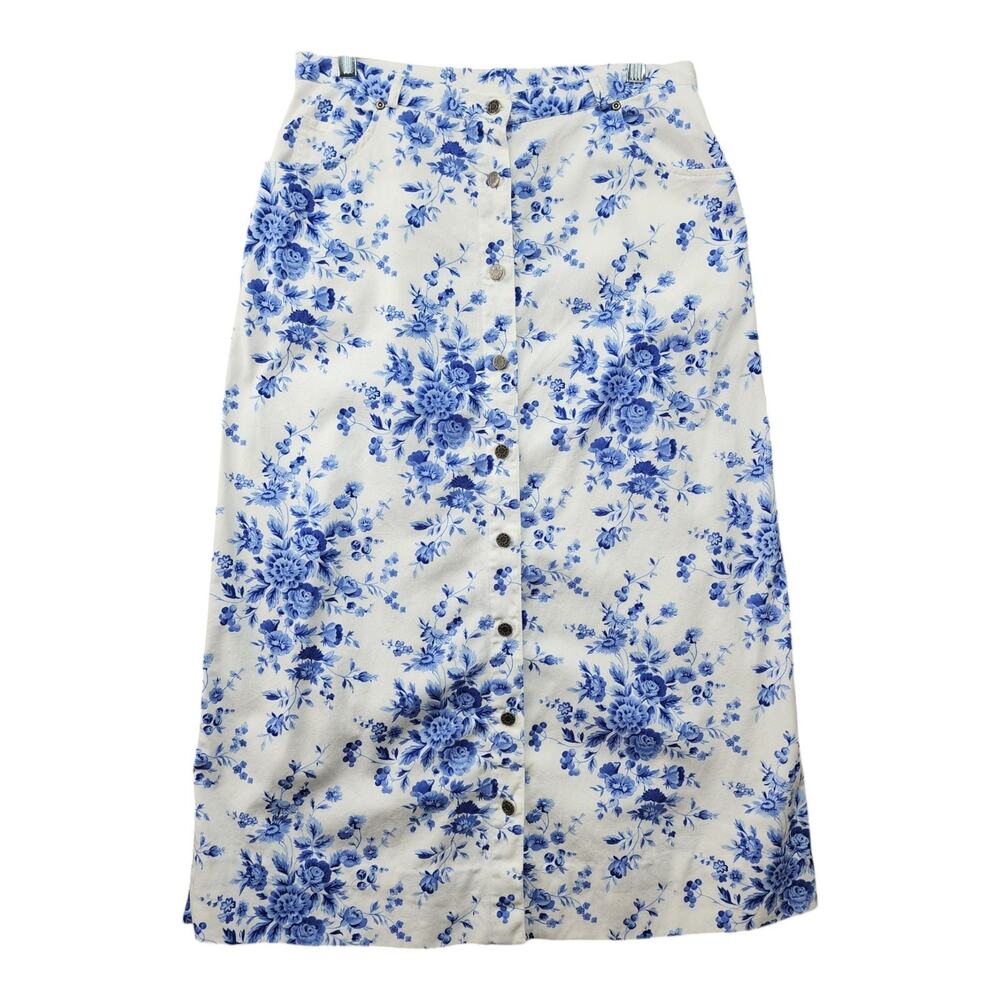 Liz Claiborne Crazy Horse Skirt 12 Blue White Floral Cottagecore Midi Pockets - Picture 2 of 11